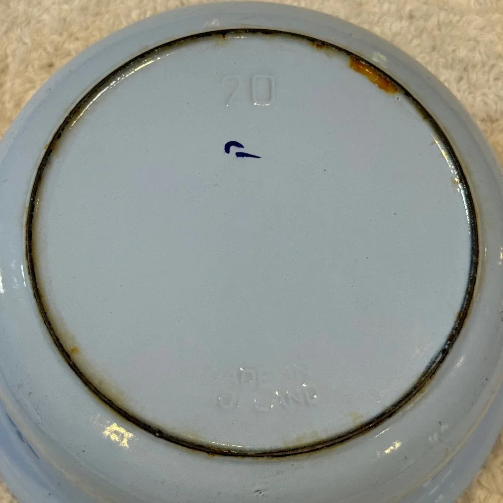 Vintage Holland Enamelware Casserole Dish with Lid Blue Tulip Floral 7.5 Inch